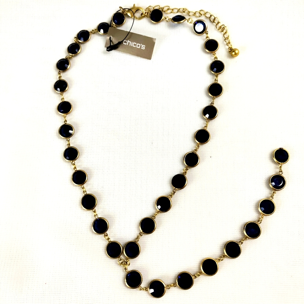 Chico's Gold Circle Blue Crystals Long Necklace